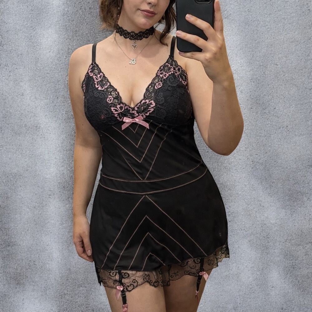 Y2K Rene Rofe Black Pink Lace Mesh Garter Chemise Slip Dress M/L